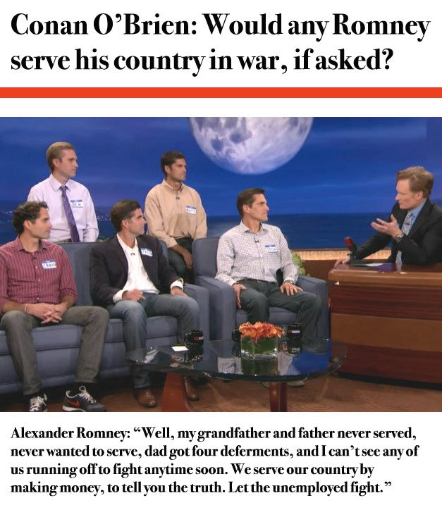 Romney's Sons on Conan with a false quote attributed to Alexander Romney (who doesn't exist)